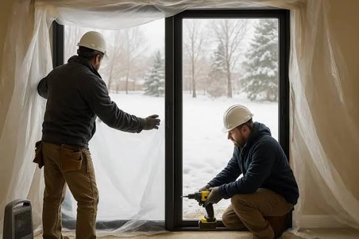 Installer fitting a new sliding patio door